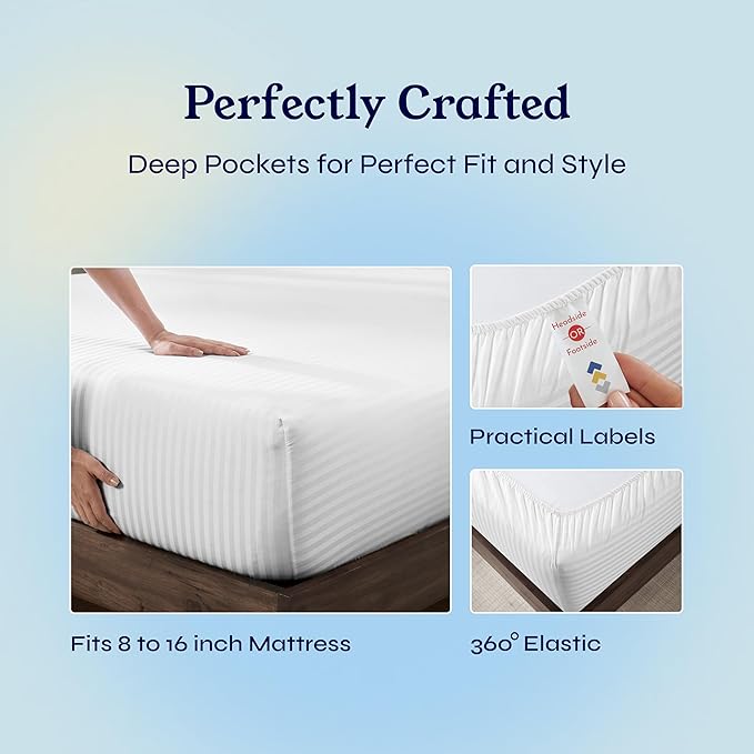 California Design Den Striped Queen Sheet Set - Soft 400 Thread Count Sateen, Natural 100% Cotton Sheets with Deep Pockets, and Durable Bedding Set - Striped White CaliforniaDesignDen
