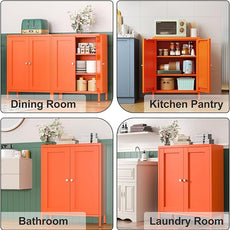 Orange Metal Sideboard Cabinet, Small Bathroom Storage Cabinets, Metal Storage Cabinet with 2 Doors and Adjustable Shelves for Kitchen Dining Room Living Room, Entryway,Office