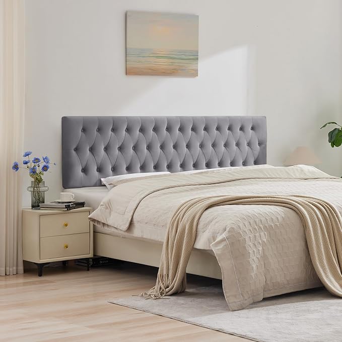 Kingfun Cal King Headboard only, Premium Velvet Upholstered Headboards in Modern Button Design, Tufted Bed Headboard, Adjustable Solid Wood Head Board (Grey)