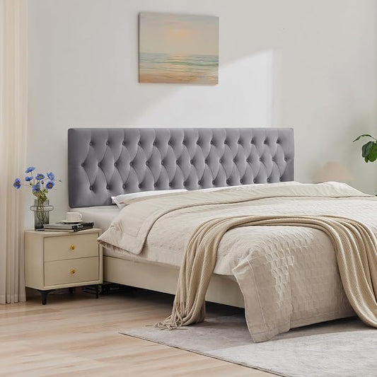 Kingfun Cal King Headboard only, Premium Velvet Upholstered Headboards in Modern Button Design, Tufted Bed Headboard, Adjustable Solid Wood Head Board (Grey)