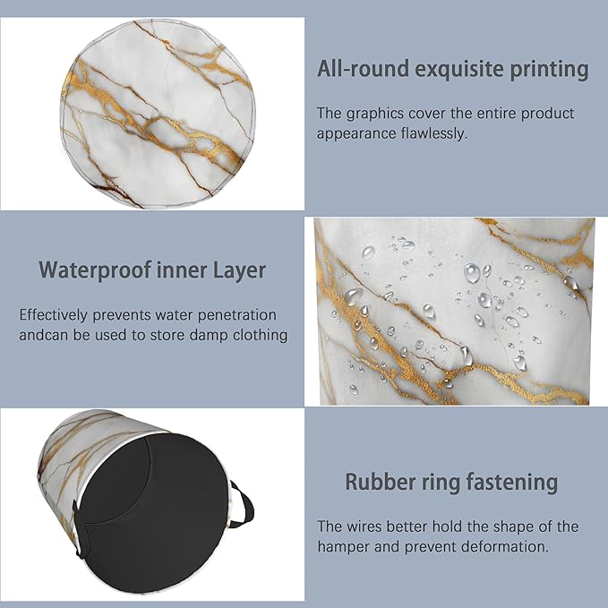 White Gold Marble Laundry Basket,Oxford Cloth Laundry Hamper with Handle Foldable Portable Clothes Storage Basket for Bathroom Bedroom Dorm Room 16" x 20.8"