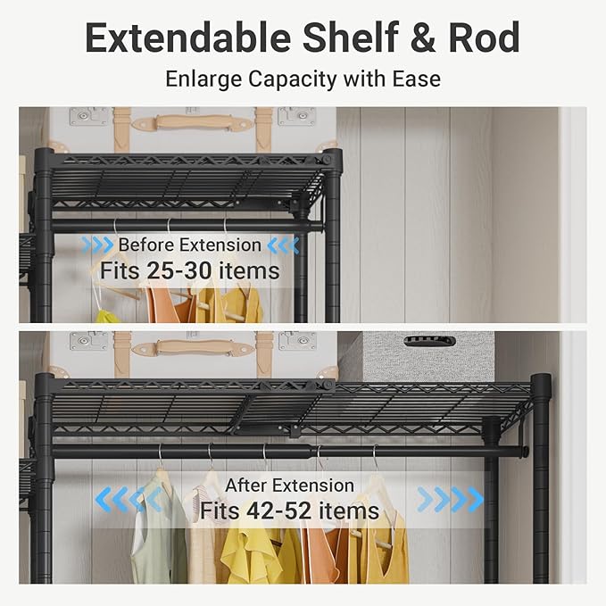 VIPEK X3 Expandable Heavy Duty Clothes Rack Adjustable from 5'2" to 8' with Adjustable Shelves and Hanger Rods, Large Freestanding Clothing Racks Reach-in & Walk-in Closet, Max Load 1210LBS, Black
