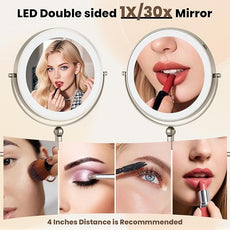 Rocollos 9-Inch Large Makeup Mirror with 30X Magnification, Rechargeable Wall Mounted Vanity Mirror with Lights, 3 Color Dimmable LED, Touch Screen & Retractable Arm-Black (9INCH-Nickel)