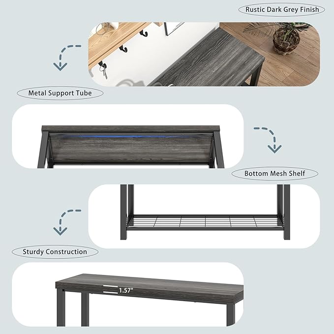 FOLUBAN Industrial Shoe Storage Bench for Entryway Hallway, Rustic Indoor Shoe Rack Bench Seat for Living Room Bedroom, 43.3 Inch Dark Gray