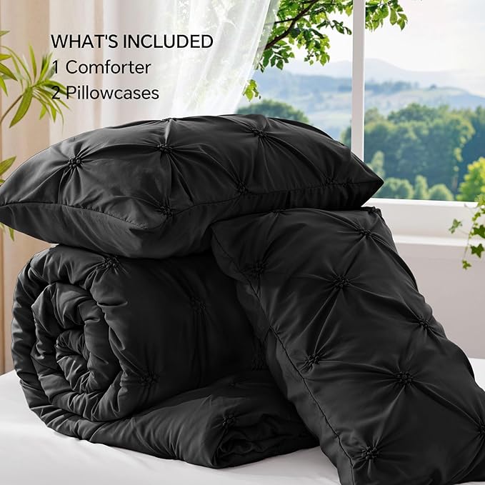 BEDELITE Black Comforter Set Queen - 3 Pieces Boho Pintuck Bedding Comforter Sets, Lightweight Soft & Warm Bed Comforter Queen with 2 Pillowcases for All Season