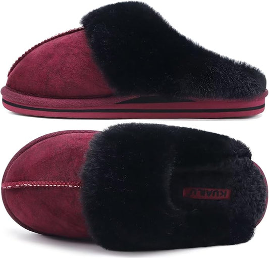 KuaiLu Womens Fluff Dual Memory Foam Slippers Ladies Cozy Arch Support Warm Scuff Slippers Slip on Comfy Winter House Shoes with Non-Slip Indoor Outdoor Hard Sole