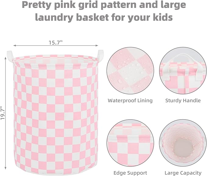 Large Foldable Laundry Basket Organizer Holder portable tall collapsible laundry hamper nusery Storage Basket Bin with Handles (Waterproof Lining, Pink Racing Flag)