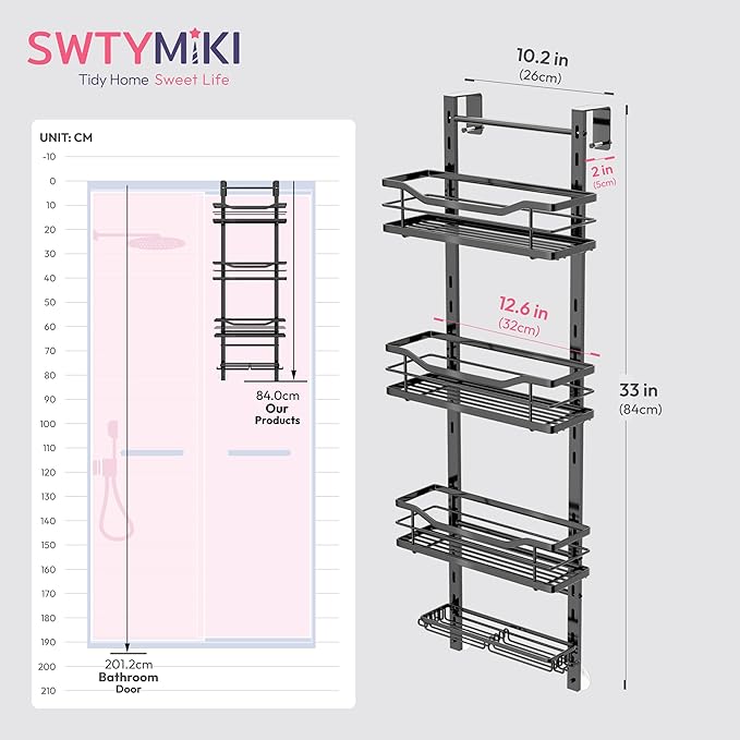 SWTYMIKI Over the Door Shower Caddy - 4 Tier Adjustable Shower Organizer Hanging with Soap Holder, No Drilling Stainless Steel Bathroom Rack Hanging for Body Wash, Shampoo, Soap, Razor, Black