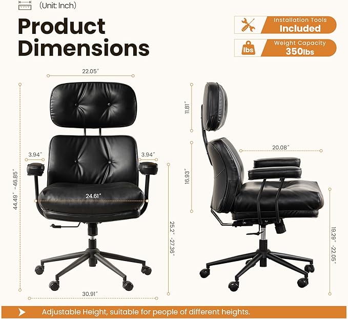 Mid-Century Modern Office Chair, Home Office Desk Chair with Adjustable Lumbar Support, Thickened Cushion Executive Desk Chair with 360 Rolling Swivel for Meeting Game Study Room(Black)