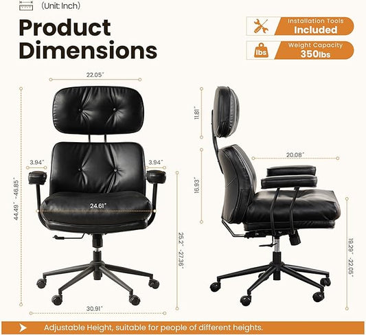 Mid-Century Modern Office Chair, Home Office Desk Chair with Adjustable Lumbar Support, Thickened Cushion Executive Desk Chair with 360 Rolling Swivel for Meeting Game Study Room(Black)