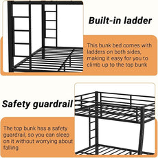 Full XL Over Queen Bunk Bed, Metal Bunk Bed Frame Heavy Duty Bunk Beds Loft Bed Frame with Ladder and Guardrail Metal Slats No Box Spring Required for Adults Teens, Black