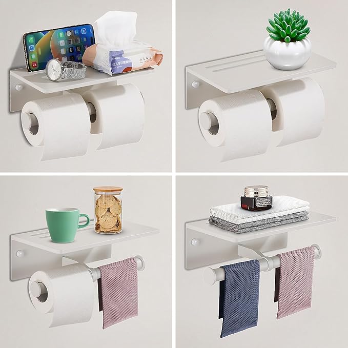 Toilet Paper Roll Holder Bathroom Decor - Double Roll Toiler Tissue Holder with Mobile Phone Shelf - Dual Toilet Paper Holder Wall Mount and Self Adhesive Paper Roll Dispenser – Matte White