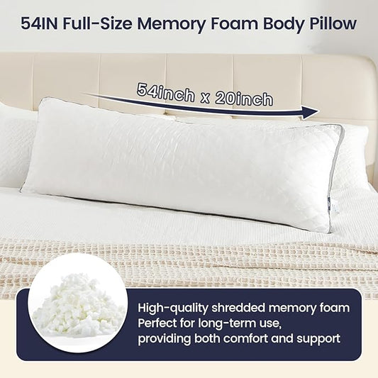 Shredded Memory Foam Full Body Pillow, Long Hugging Bed Pillows for Adults, Breathable Extra-Firm Large Pillow for Side Sleep, Big Support Body Pillow for Sleeping (20 x 54 Inches)