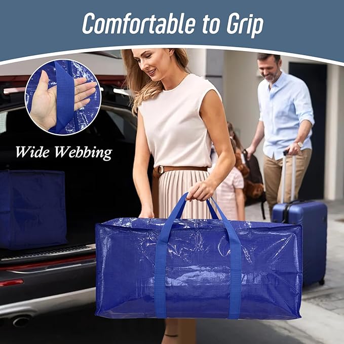 6 Pack Extra Heavy Duty Large Moving Bags with Strong Zipper & Comfortable Handles, Sturdy & Durable Clothes Storage Bags Totes Bins, Packing Moving Boxes for College Supplies, Blue
