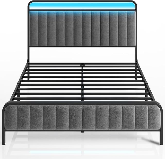 Rolanstar Queen Size Bed Frame with LED Light and Charging Station, Upholstered Headboard and Footboard, Metal Slat, Noise Free, Easy Assembly, Dark Gray