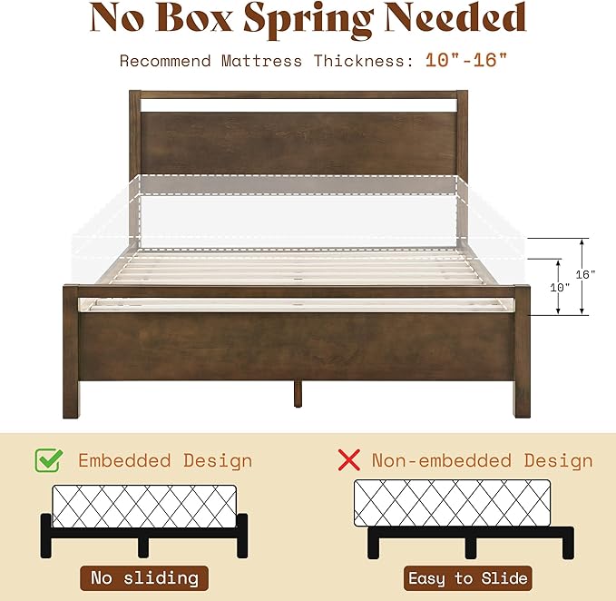 AMERLIFE Queen Size Solid Wood Bed Frame with Headboard, Minimalist Platform Bed with Wooden Slats Support/No Box Spring Needed/Easy Assembly/Noise-Free, Dark Brown