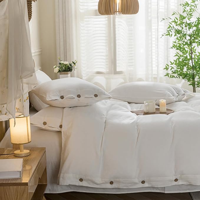 JELLYMONI Cotton Duvet Cover Full Size - Bright White Comforter Cover with Button 100% Washed Cotton 3PCS Breathable Soft Solid Bedding Set Duvet Cover 80×90in & 2 Pillowcases (NO Comforter)