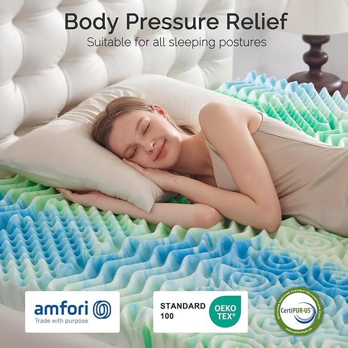 2 Inch 7-Zone Queen Memory Foam Mattress Topper Egg Crate Cooling Gel Infused Mattress Pad Bed Topper for Pressure Relief and Back Pain Soft & Breathable, CertiPUR-US Certified