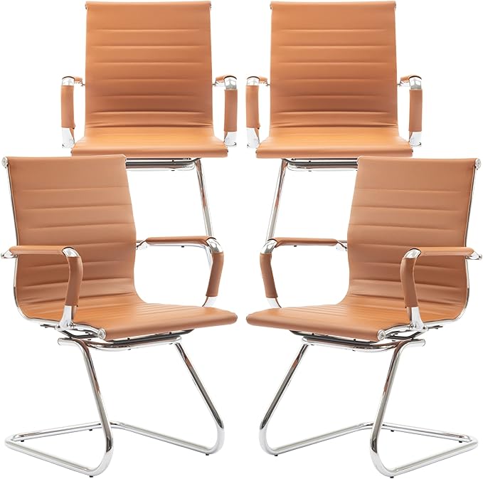 Office Desk Chair Set of 4,No Wheels PU Leather Computer Chairs Mid Back Guest Chairs with Seld Base for School/Reception/Conference/Waiting Room, Terracotta