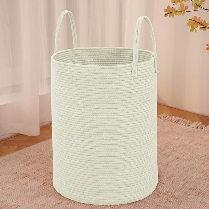 Large Woven Laundry Basket Hamper,60L Cotton Rope Storage Bin for Blankets,Toys and Clothes,Decorative Tall Nursery Hamper for Living Room,Baby Nursery,Bathroom and Bedroom,White