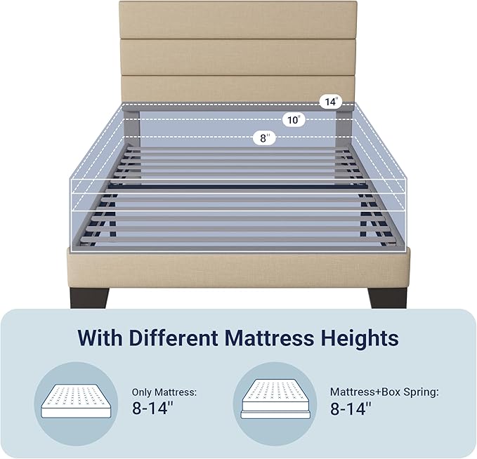 Allewie Twin Size Platform Bed Frame with Fabric Upholstered Headboard and Wooden Slats Support, Fully Upholstered Mattress Foundation/No Box Spring Needed/Easy Assembly, Beige