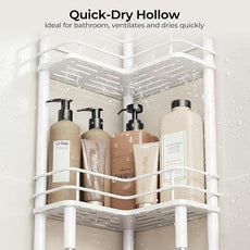 Orimade Rustproof 2 Tier Floor Standing Corner Shower Caddy Organizer with Toothbrush Holder, Large Spacing Floor Shower Shelf Rack Storage Stands with Hooks for Bathroom Kitchen, White