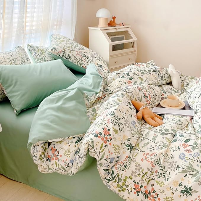 HighBuy Lightweight Duvet Cover Twin Multi Color Flowers Bedding Set Kids Girls Vintage Botanical Chic Cotton Comforter Cover Peach Green Floral Bedding Sets Twin Girls Duvet Cover Set