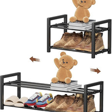 2-Tier Expandable Shoe Rack,Adjustable Shoe Shelf Storage Organizer Heavy Duty Metal Free Standing Shoe Rack for Entryway Closet Doorway (Black)