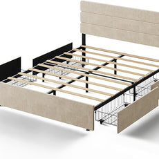 WLIVE Queen Size Upholstered Bed Frame with 4 Storage Drawers and Headboard, Velvet Platform Bedframe, Sturdy Metal & Wooden Slats Support, No Box Spring Needed, Easy Assembly, Beige