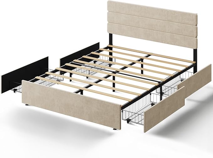WLIVE Queen Size Upholstered Bed Frame with 4 Storage Drawers and Headboard, Velvet Platform Bedframe, Sturdy Metal & Wooden Slats Support, No Box Spring Needed, Easy Assembly, Beige