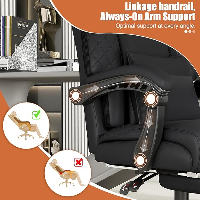 Ergonomic Office Chair with Footrest, 400lbs High Back Executive Home Office Computer Chair with Unique Ear-Shape Headrest for Neck Support,Black Leather Office Chairs for Home Office Work