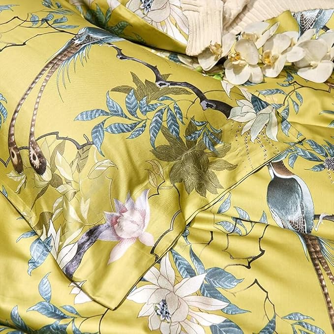 MKXI Vintage Pattern Comforter Set Birds and Flowers Print Cartoon Animal Full Comforter for Kids Cute Jungle Comforters Yellow Quilt Set