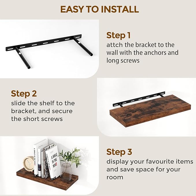 Floating Shelves for Wall, 36 x 9.3 Large Floating Shelf Wall Mounted Set of 2, Rustic Wood Shelves for Bathroom, Kitchen, Living, Heavy-Duty Storage Deep Shelf for Books, Decor, Rustic Brown