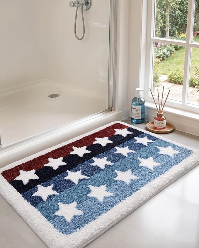 DEXI Rustic Star Bathroom Rug, 24x36 Non Slip Washable Bath Mat Absorbent, Ultra Soft Plush Microfiber Bathmat Quick Dry for Shower Floor, Tub, Sink, Colorful Stripes