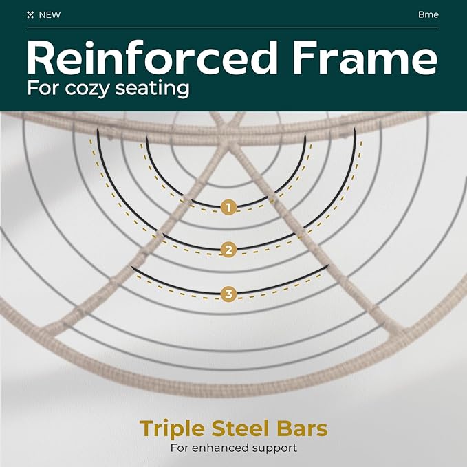 Bme 40" Ergonomic Wicker Papasan Chair with Soft Thick Density Fabric Cushion, High Capacity Steel Frame, 360 Degree Swivel for Living, Bedroom, Reading Room, Lounge, Cinnamon Mocha - Brown Base