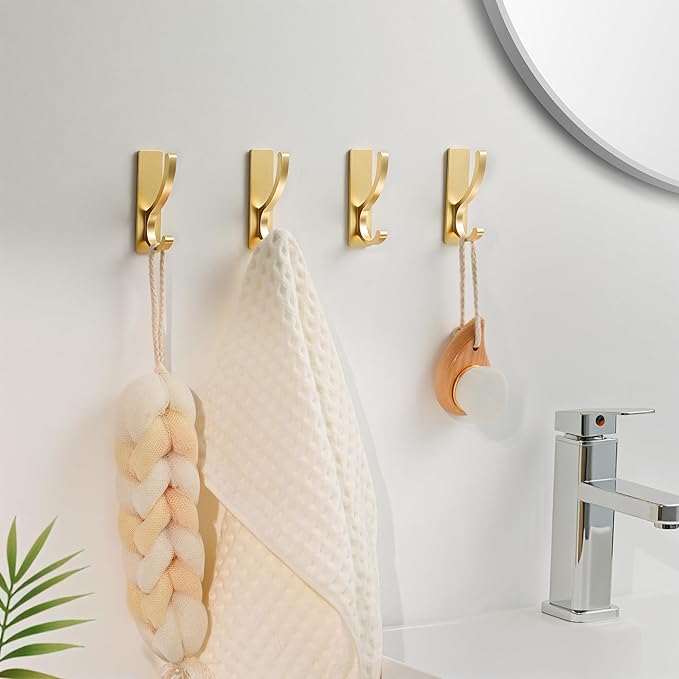 pickpiff Adhesive Wall Hooks for Towels - Sticky Hook Hanging Heavy Duty (13lb), Hanger for Door, Bathroom, Dorm, Closet - for Coats, Purse, Bag, Robe - No Damage to Wall - Brushed Gold 6 Pack