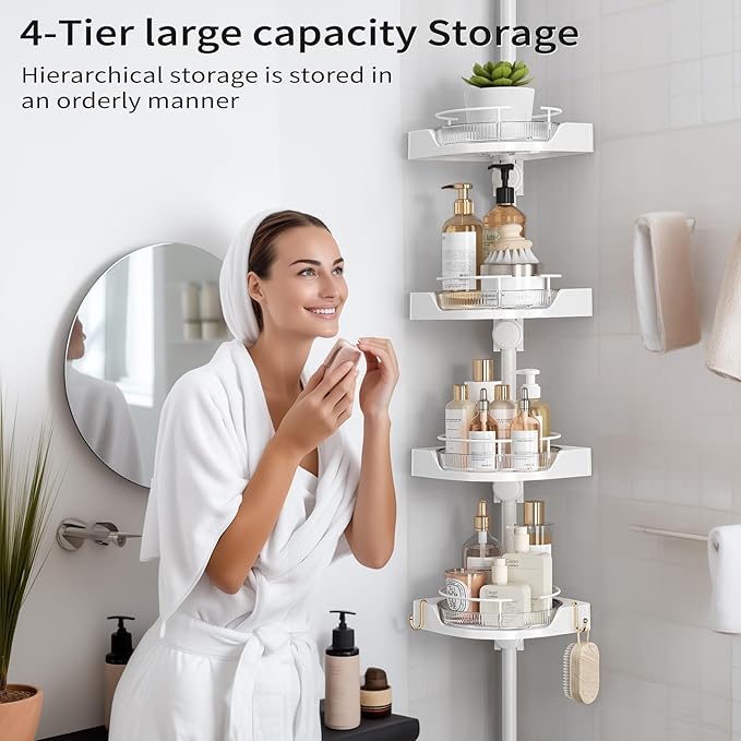 Corner Shower Caddy Tension Pole, 4 Tiers Rotating Shower Organizer for Bathroom Shelf Bathtub, Adjustable Standing Shower Rack Bathroom Accessories, Easily Assemble, 34-124 Inch Height,White