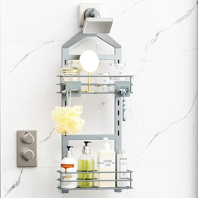 Orimade Adjustable Anti-slip Shower Caddy over Shower Head, Rustproof Bathroom Hanging Organizer with 2 Hooks for Razor, No Drilling Shelves Storage Rack 2 Tier, Light Grey