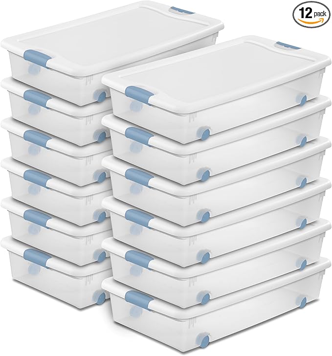 Sterilite 12-Pack Latching Box, Under Bed Storage Bins with Lids, Clear Plastic, 56 Quart - Heavy-Duty Organizing Containers for Closet, Bathroom, and Office