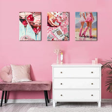 Framed Pink Preppy Wall Art Set of 3, Cowgirl Boots Cherry Cocktail Pictures Wall Decor, Trendy Poker Paintings Canvas Prints Girly Aesthetic Home Decor for Living Room Bedroom Dorm Bar 12x16 inch