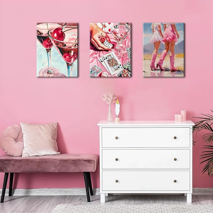 Framed Pink Preppy Wall Art Set of 3, Cowgirl Boots Cherry Cocktail Pictures Wall Decor, Trendy Poker Paintings Canvas Prints Girly Aesthetic Home Decor for Living Room Bedroom Dorm Bar 16x24 inch