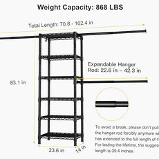 Ulif M5 Wall Mounted Clothes Garment Rack, Heavy Duty Closet Storage and Organizer System with 6 Shelves and 3 Expandable Hanger Rods, Space Saver Suit (46.2-102.4)