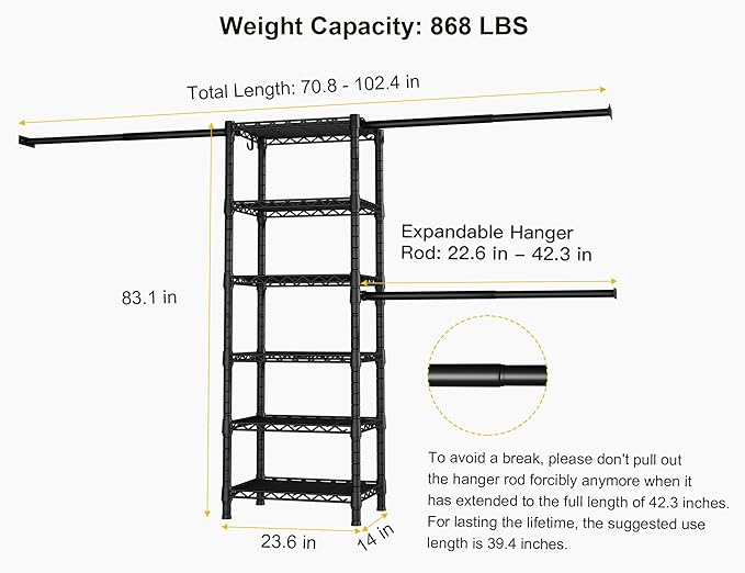 Ulif M5 Wall Mounted Clothes Garment Rack, Heavy Duty Closet Storage and Organizer System with 6 Shelves and 3 Expandable Hanger Rods, Space Saver Suit (46.2-102.4)" W x 14" D x 83.1" H, Black