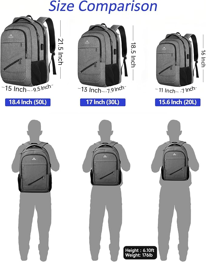 MATEIN 18 Inch Extra Large Laptop Backpack, 50 L Travel Backpack with Anti Theft Pocket & TSA Laptop Compartment for Men Women, Multiple Pockets Business Computer Carry On, Grey