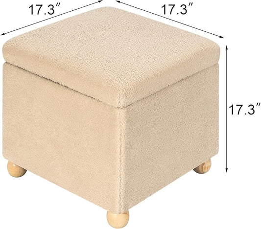 Adeco 17 Inch Soft Oatmeal Cube Ottoman Storage, Teddy Velvet Chair Foot Stools, Upholstered Vanity Stool with Hinged Lid, Solid Round Wood Legs
