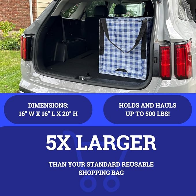 DURASACK Heavy Duty Storage Tote Bag 22-Gallon Rugged Woven Polypropylene Moving Bag, Reusable Self-Standing Design, Holds up to 500 Pounds, Pack of 4, Gingham Blue