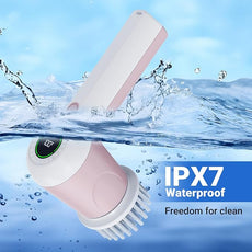 Electric Spin Scrubber, Cordless Shower Scrubber with Battery Level Display, 2 Speeds Electric Scrubber for Cleaning with 6 Replaceable Heads, Cleaning Brush for Bathroom/Sink/Window (Pink)