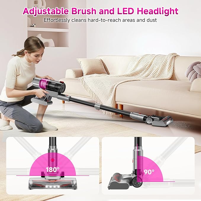 Cordless Vacuum Cleaner, 550W/45KPA Powerful Suction Cordless Stick Vacuum Cleaners for Home, Anti-Tangle Brush, Lightweight, 6-in-1 Rechargeable Vacuum for Pet Hair/Carpet/Hard Floor(Purple)