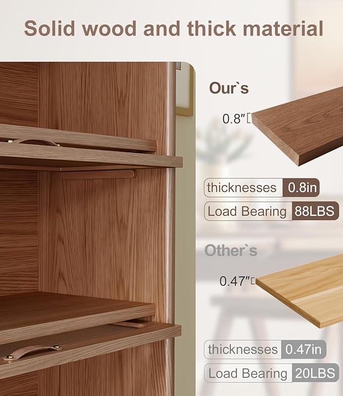 Solid Wood Book Case 4Tier Bookshelves with Tempered Glass Flip-Up Doors Brown Finish Adjustable laminate, Bookshelf Versatile Pantry Cabinet with Storage Home Office (Original Wood D14xW32xH60")