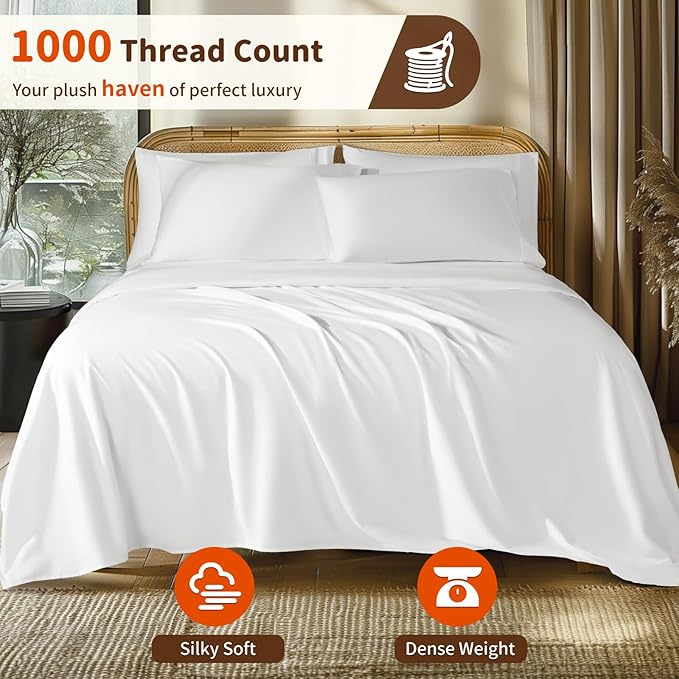 LBRO2M 1000 Thread Count 100% Egyptian Cotton Sheets Set 6 Piece Sets King Bed Sheet Deep Pocket Sheet Set 16" Soft Comfortable All Season (King, White)